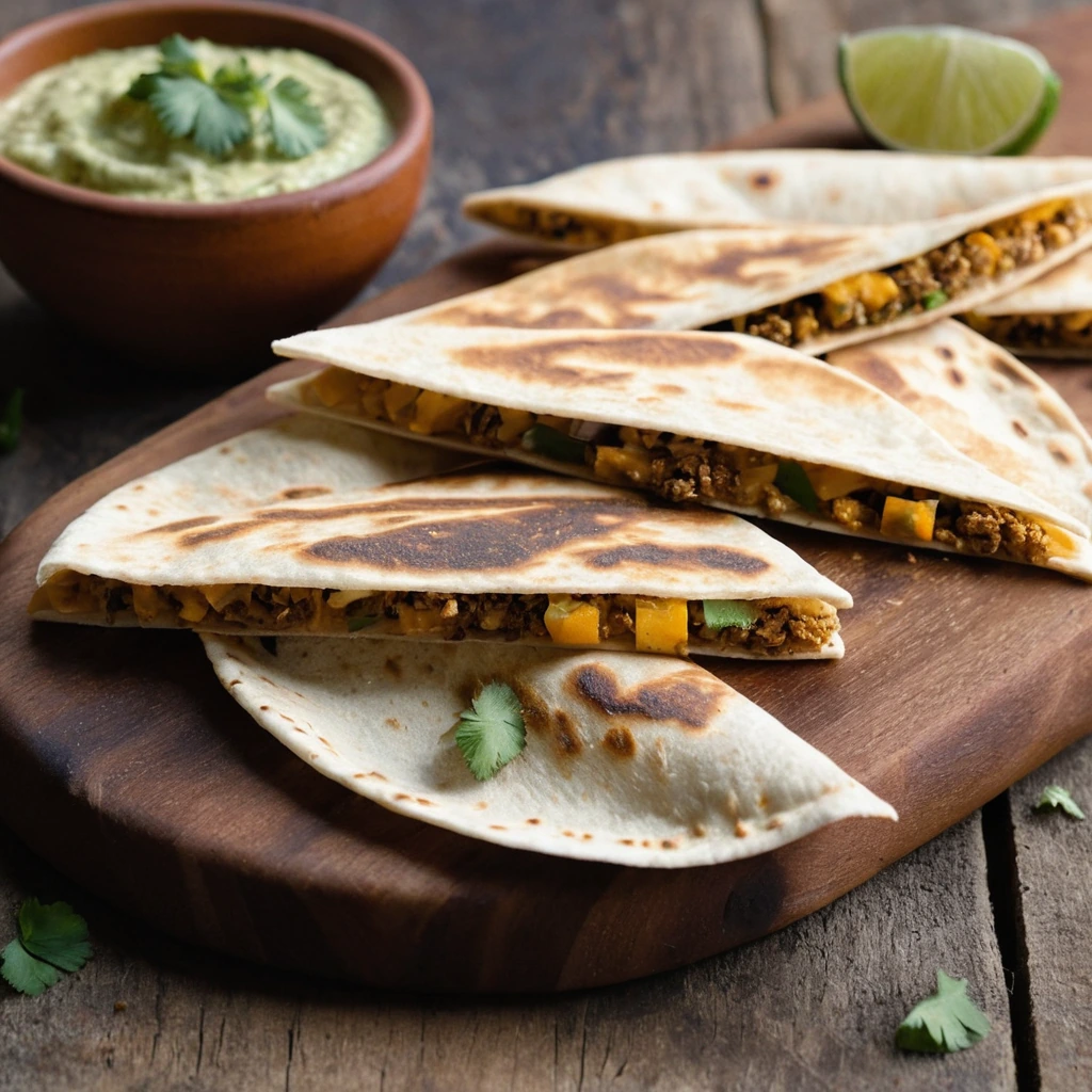Golden quesadilla wedges dusted with everything seasoning, fanned out on a rustic wooden board.