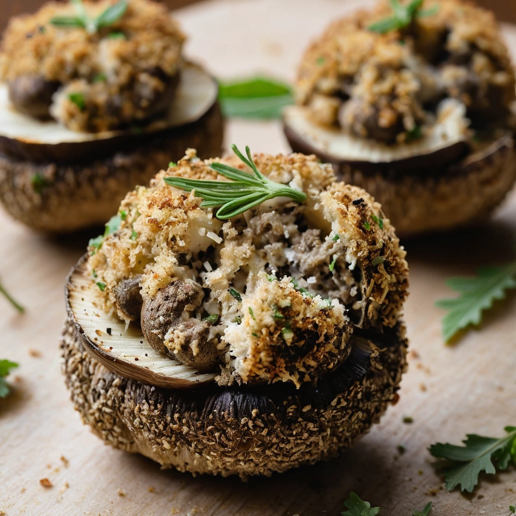 Golden brown mushrooms stuffed with a mixture of breadcrumbs and cheese, sprinkled with everything seasoning.