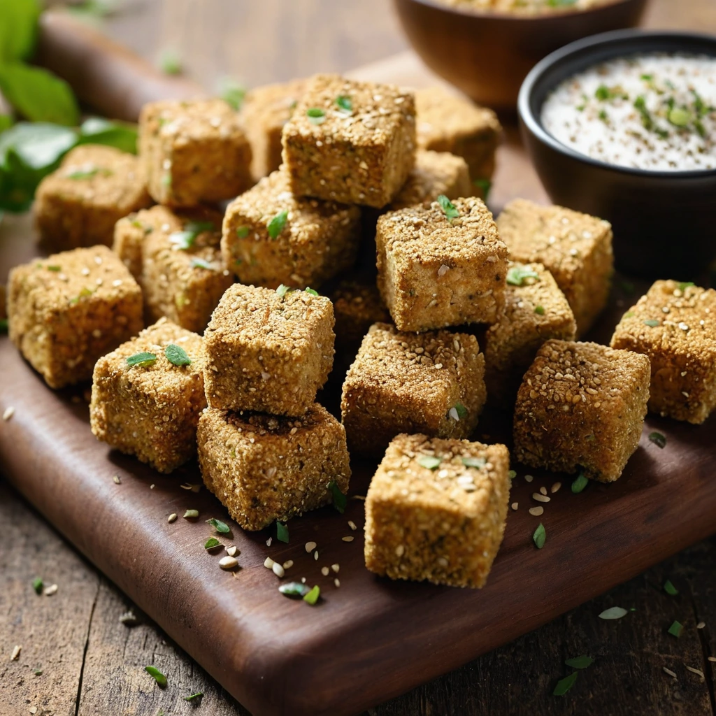 Golden tofu nuggets sprinkled with everything seasoning, arranged on a rustic wooden board.