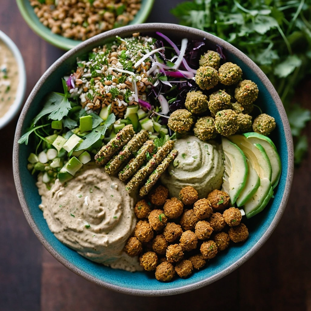 A colorful bowl with golden falafel, green herbs, mixed vegetables, and hummus drizzled with tahini sauce.