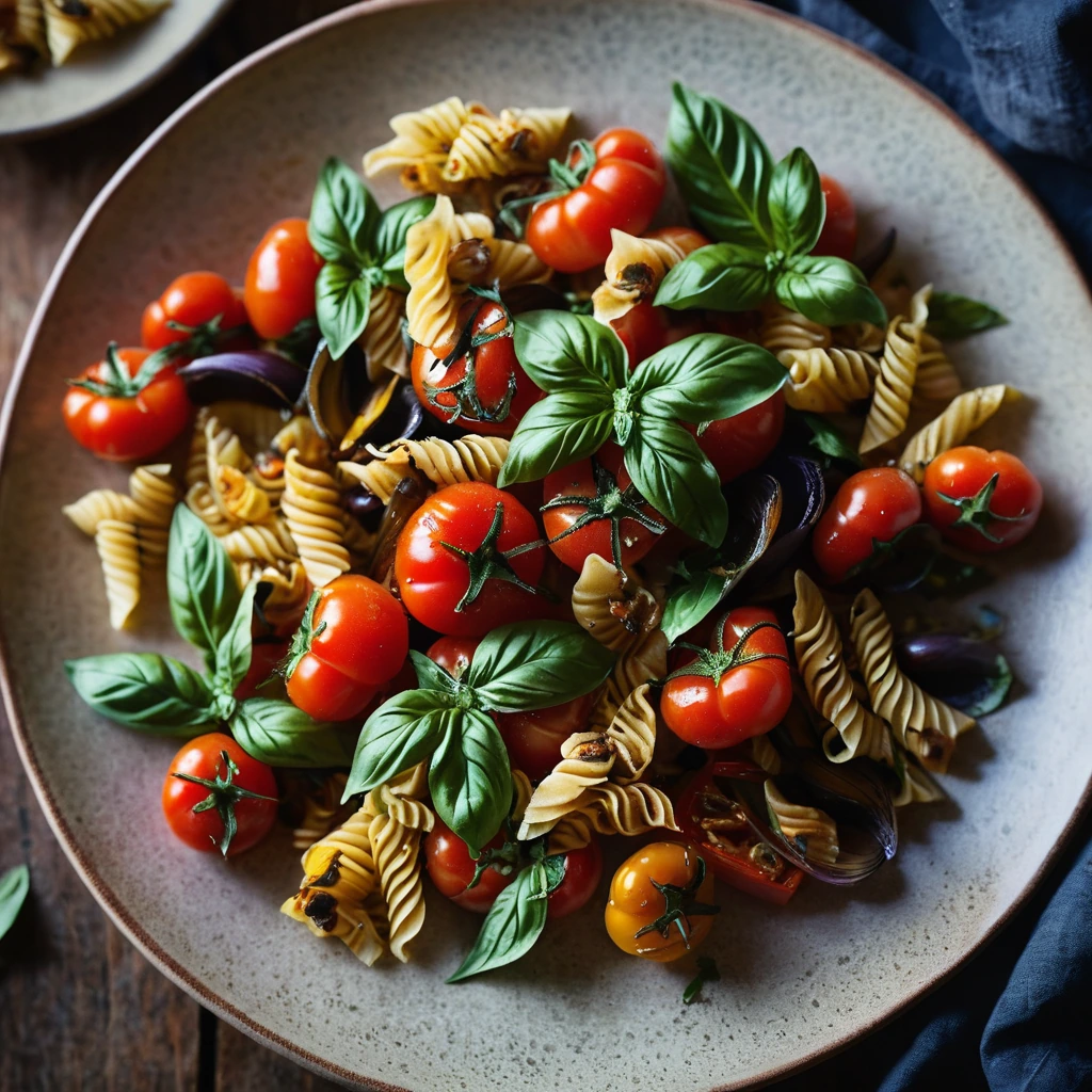 Golden roasted vegetables and colorful farfalle pasta in a red sauce garnished with green basil leaves on a rustic plate.