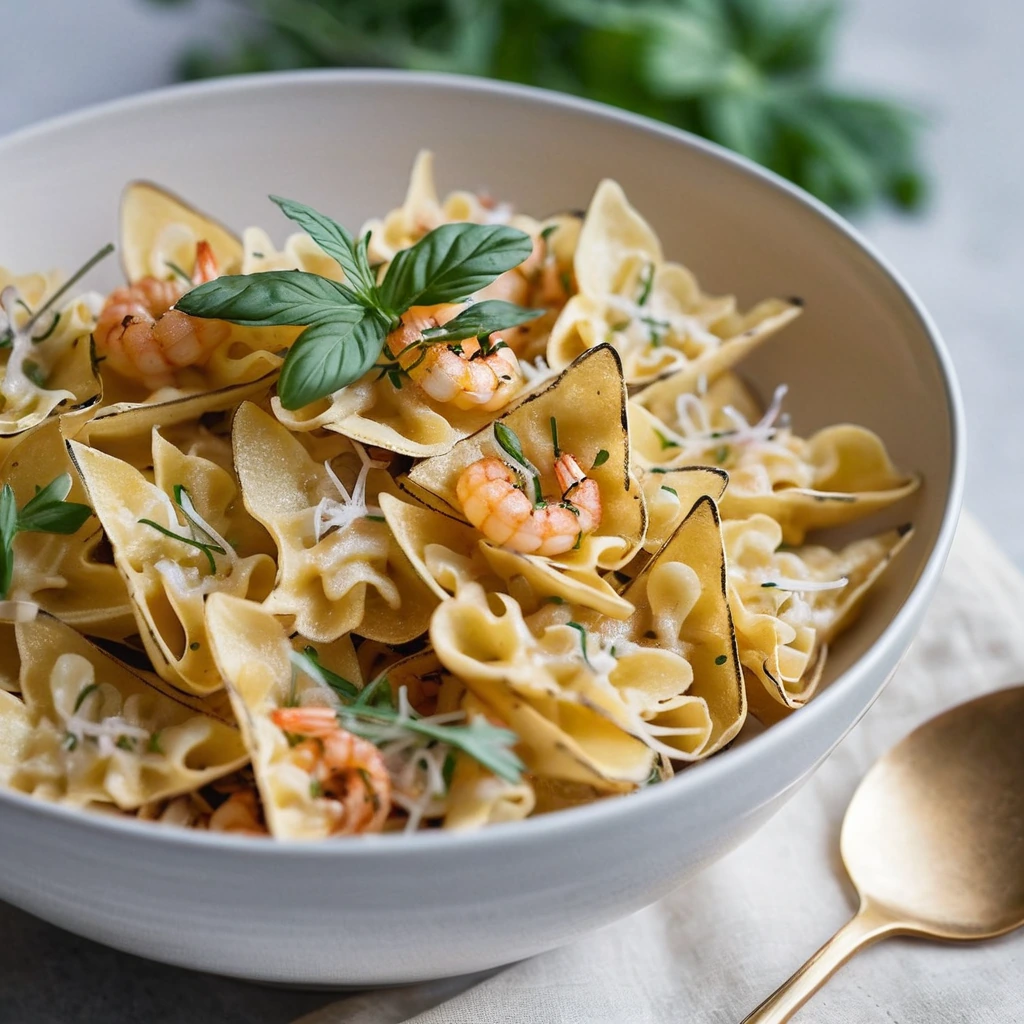 Bowl of golden farfalle pasta with caramelized onions, shrimp, and melted Gruyère cheese.