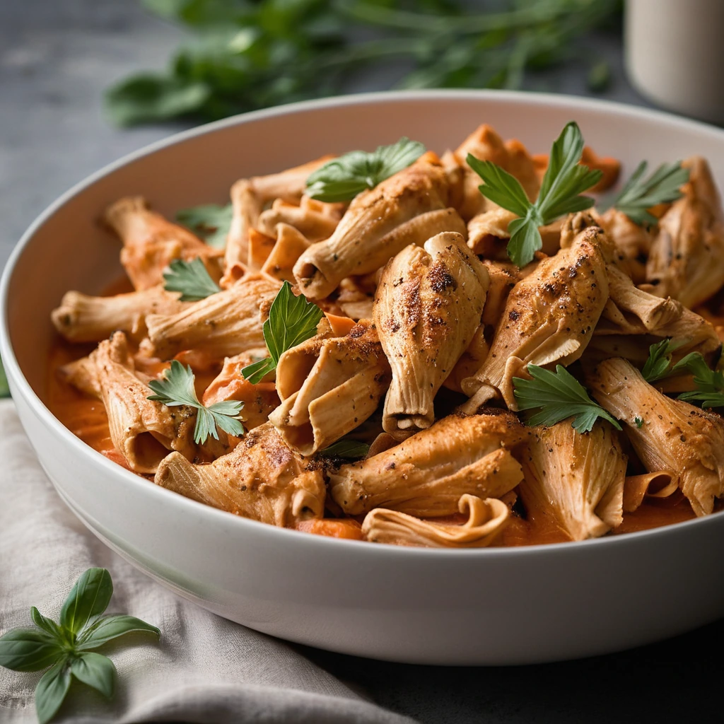 Plump farfalle pasta in a glossy orange-red sauce with chunks of golden roasted chicken atop.