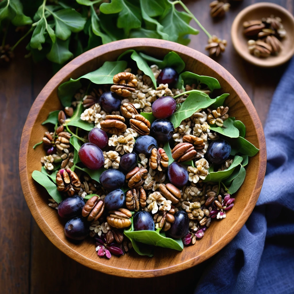 Colorful salad in a wooden bowl with greens, plump roasted grapes, and scattered walnuts.