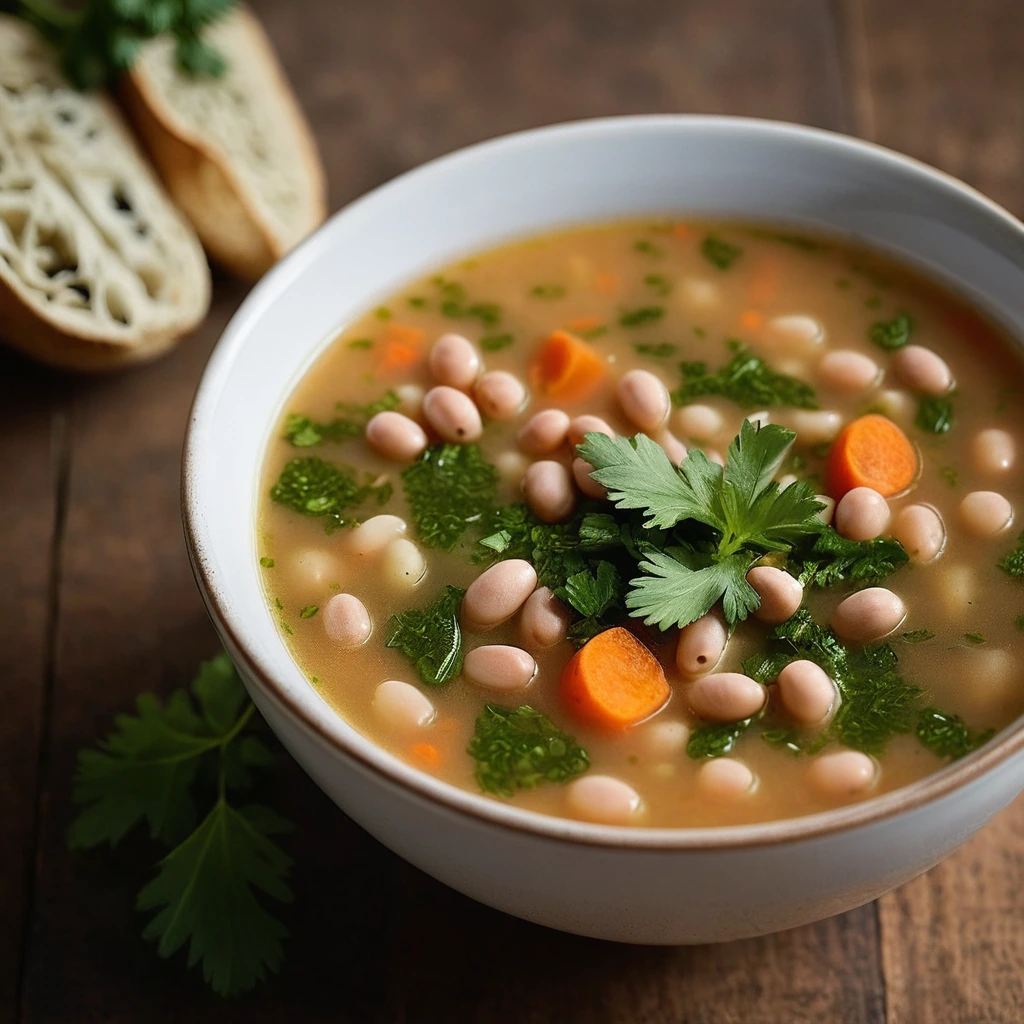 Steaming bowl of golden bean soup with fresh parsley sprinkled on top