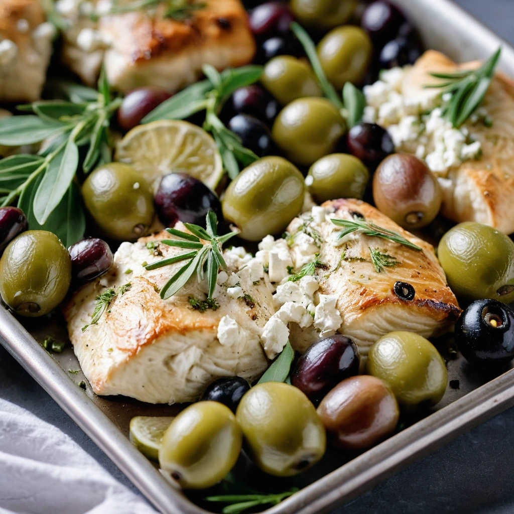 Golden roasted chicken thighs with white feta cheese and green olives on a sheet pan.