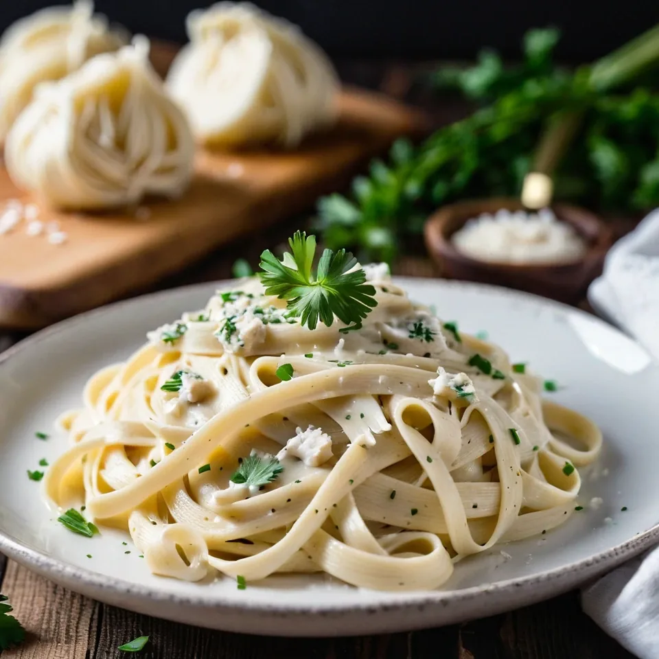 A plated serving of Fettuccine Alfredo