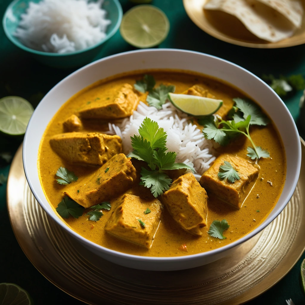 Steaming bowl of golden curry with white fish fillets nestled in, garnished with fresh cilantro.