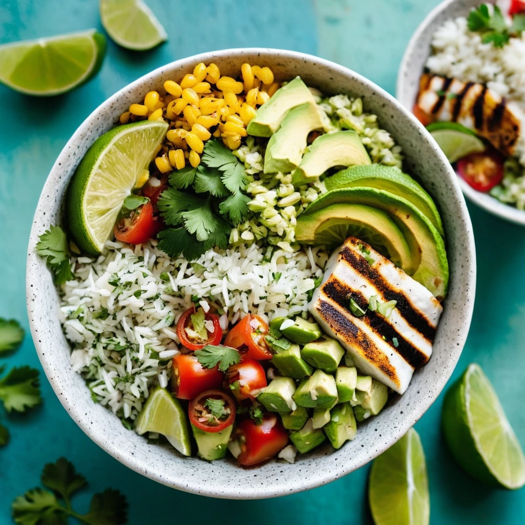 Colorful bowl with cilantro lime rice, grilled fish, diced tomatoes, shredded lettuce, and avocado slices.