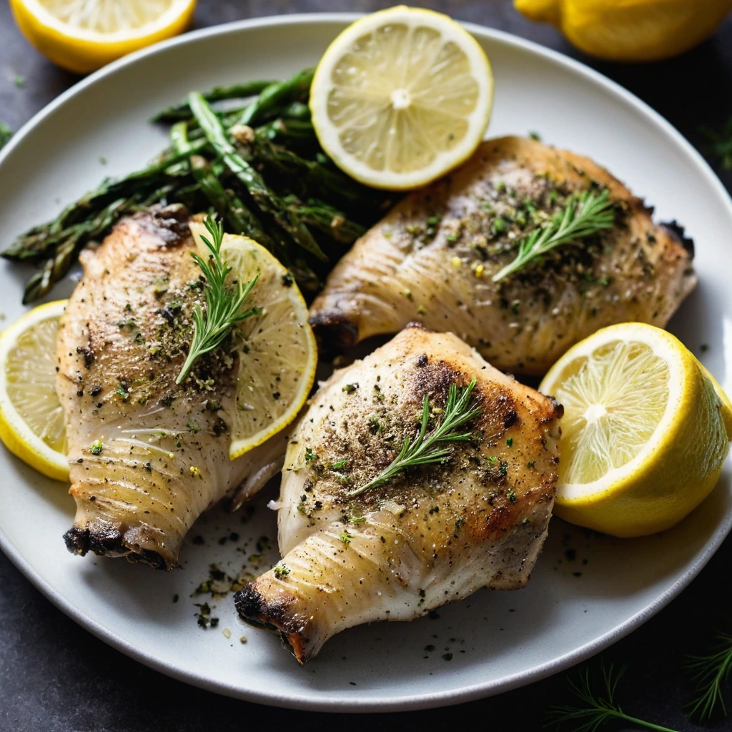 Baked chicken thighs on a platter, sprinkled with lemon zest and black pepper, surrounded by lemon slices.