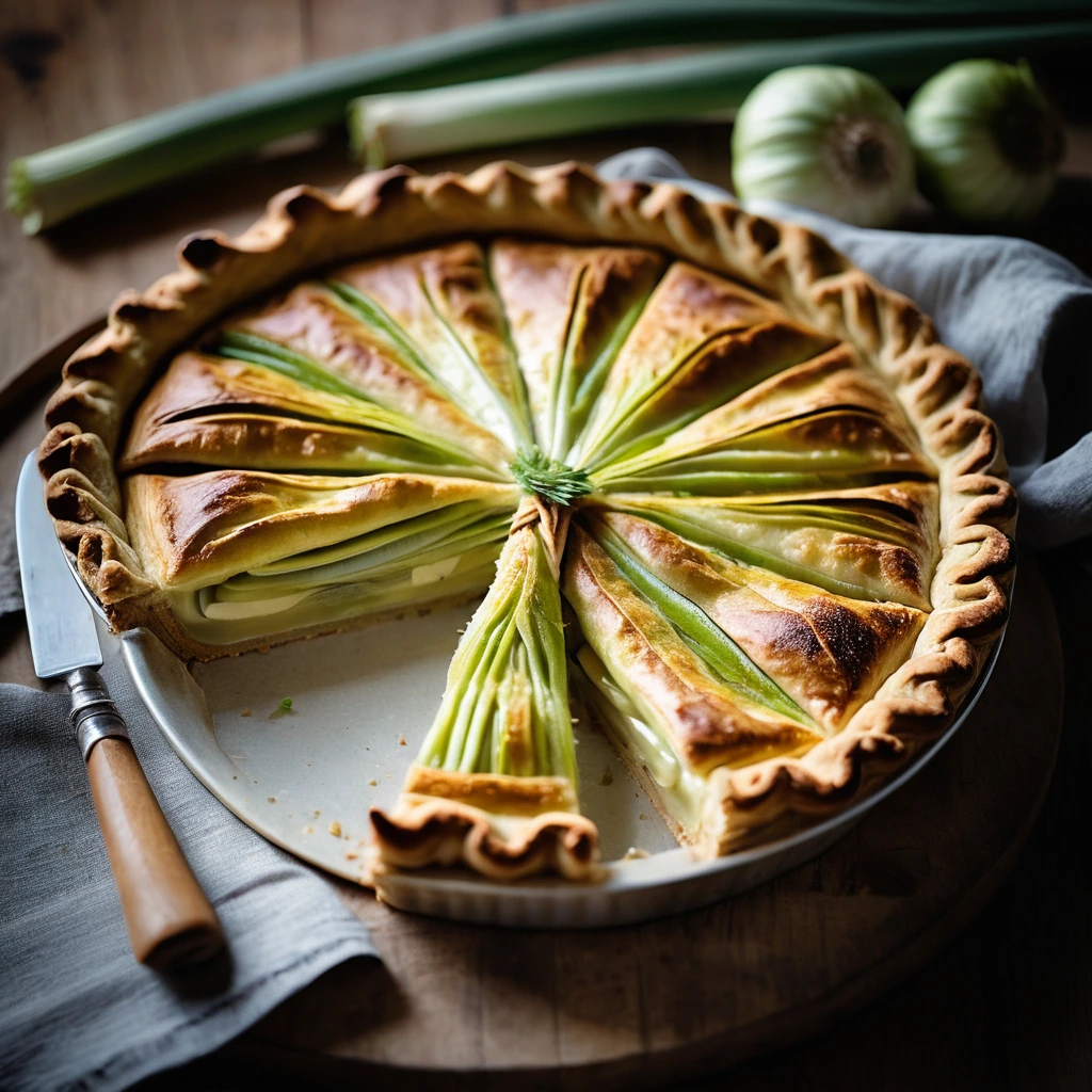 A golden pie with a flaky crust filled with caramelized leeks, served on a wooden board.
