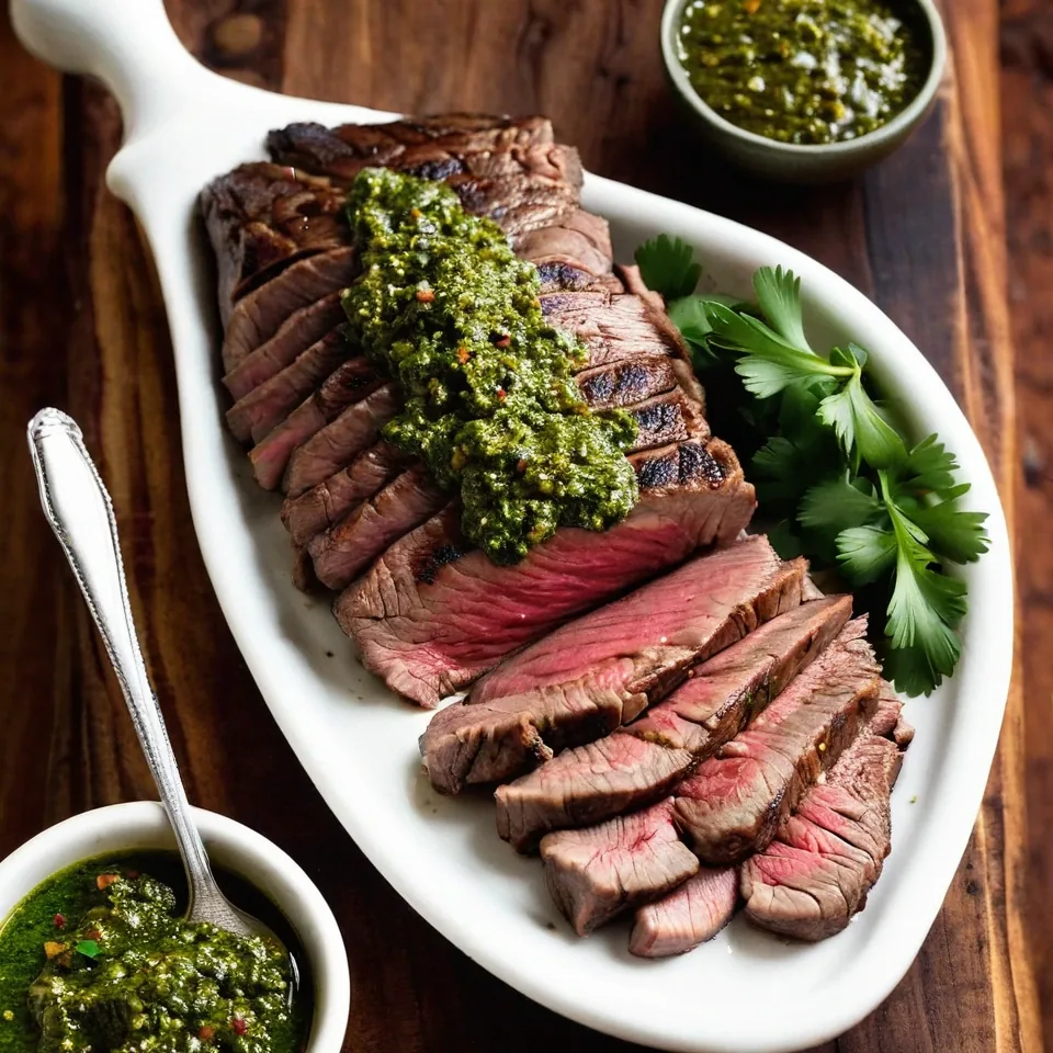 A plated serving of Grilled Flank Steak with Chimichurri