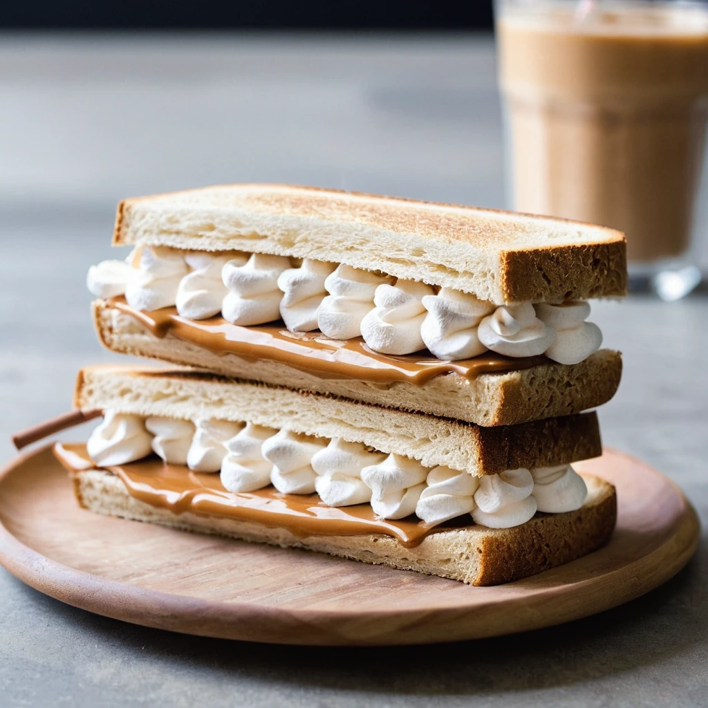 Toasted white bread sandwich with peanut butter and marshmallow fluff, golden brown edges.