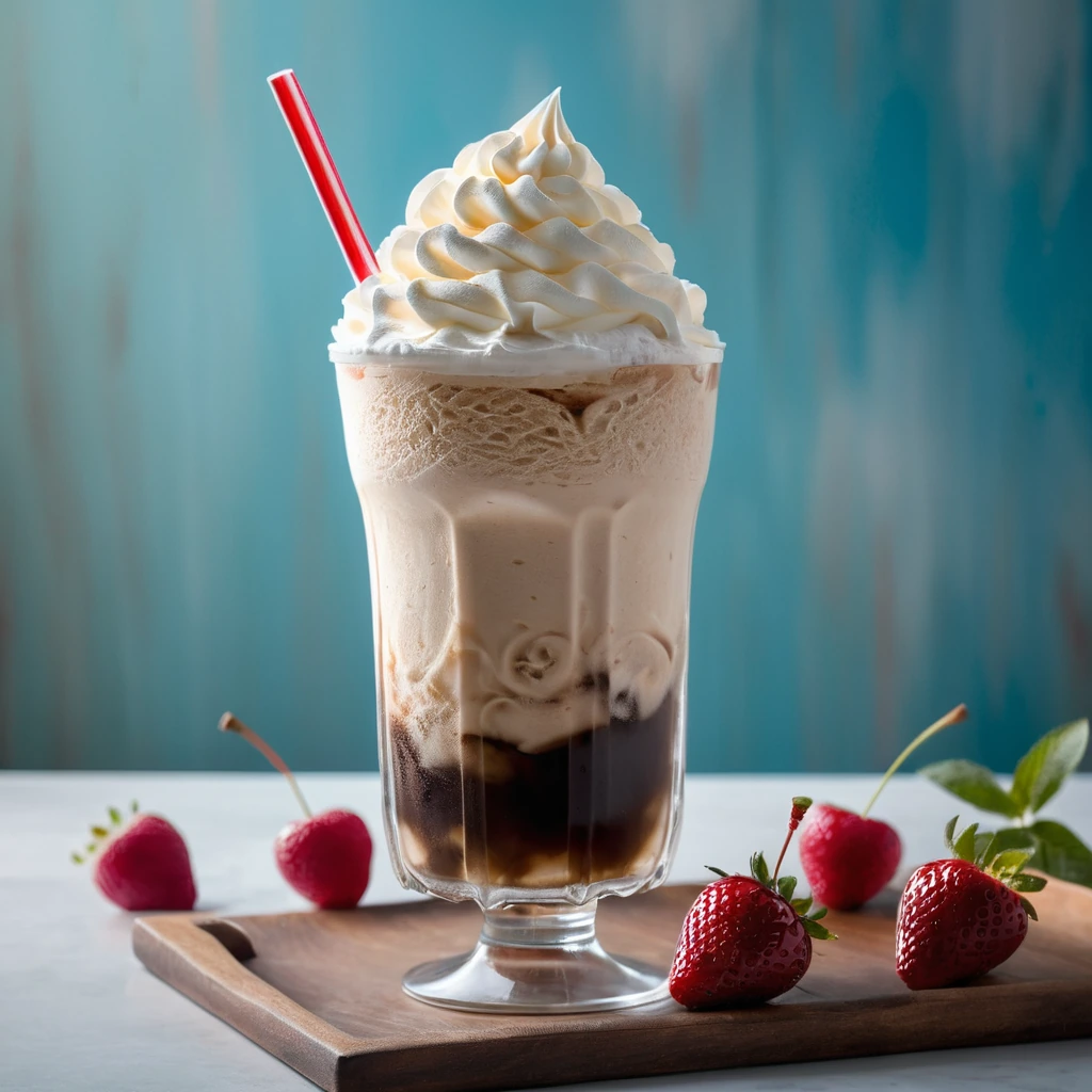 A tall glass with a swirl of vanilla ice cream and Coca-Cola topped with whipped cream and a cherry
