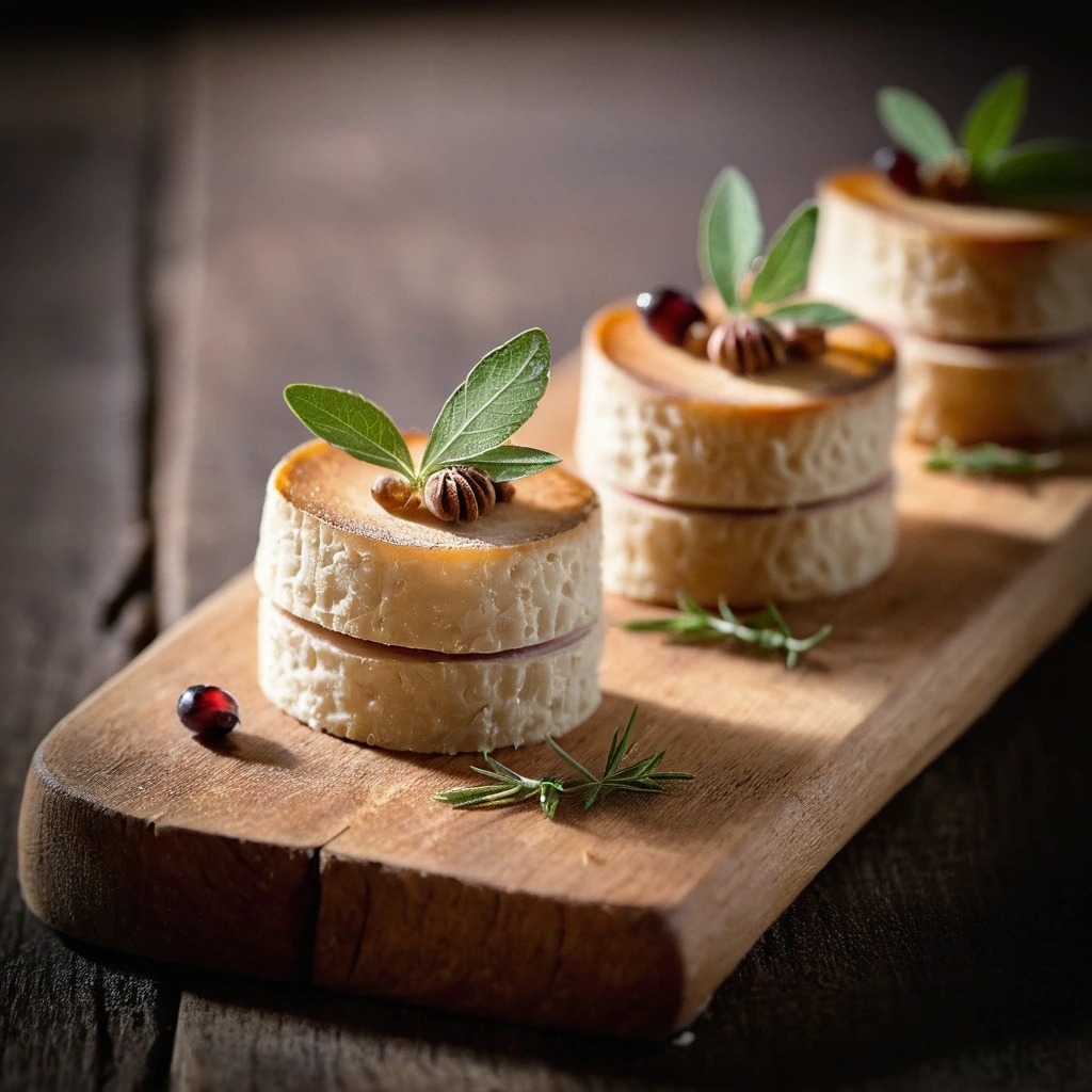 Creamy ivory foie gras torchon sliced and served on a rustic wooden board with a side of toasted brioche.