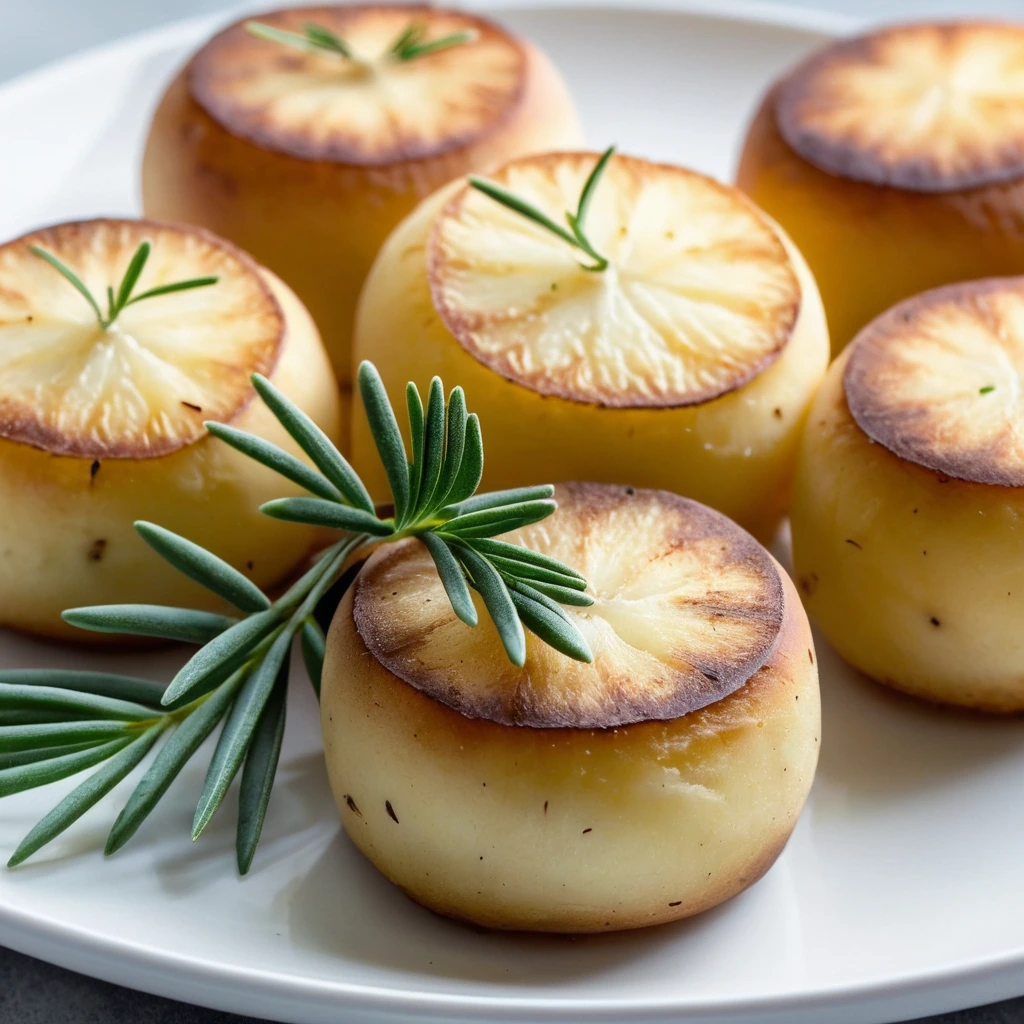 golden brown potato rounds arranged on a white plate with fresh rosemary sprigs