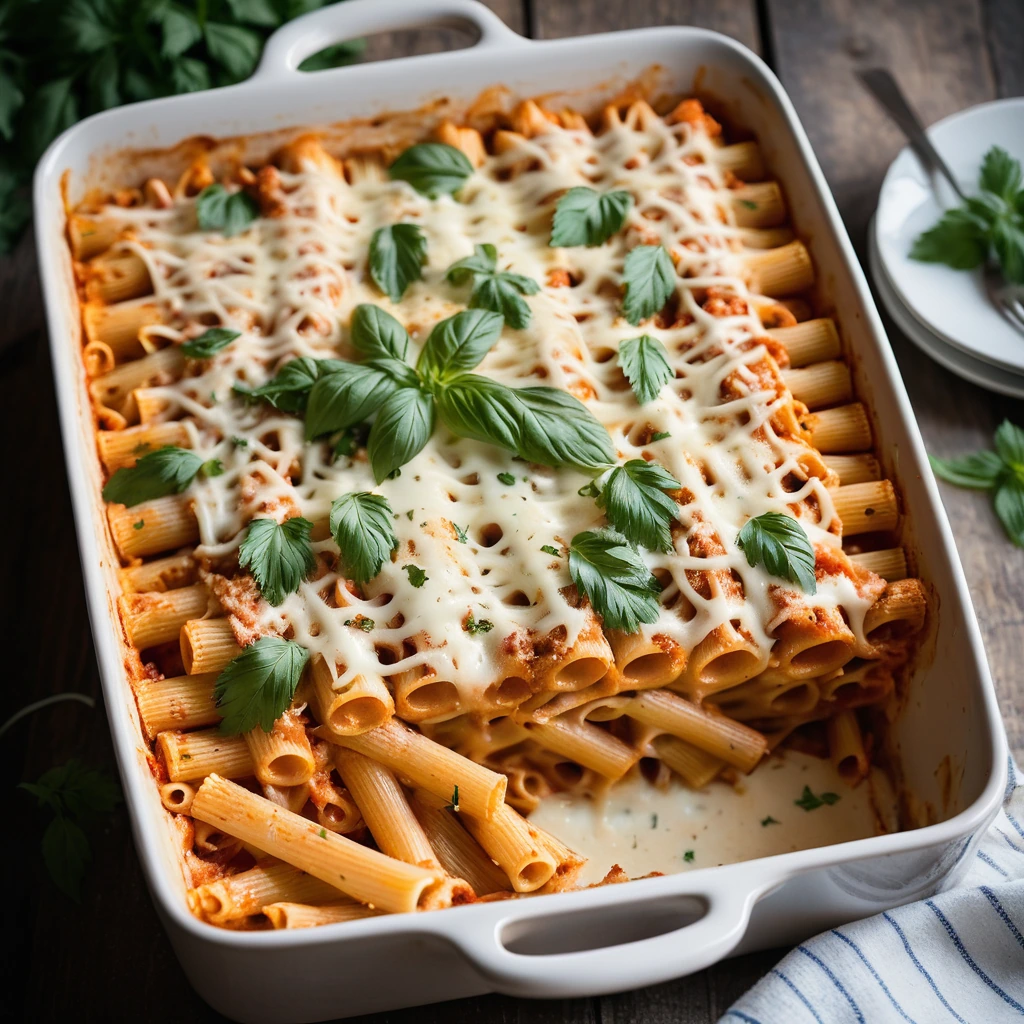 golden bubbly baked ziti in a casserole dish, topped with a mix of melted cheeses and parsley
