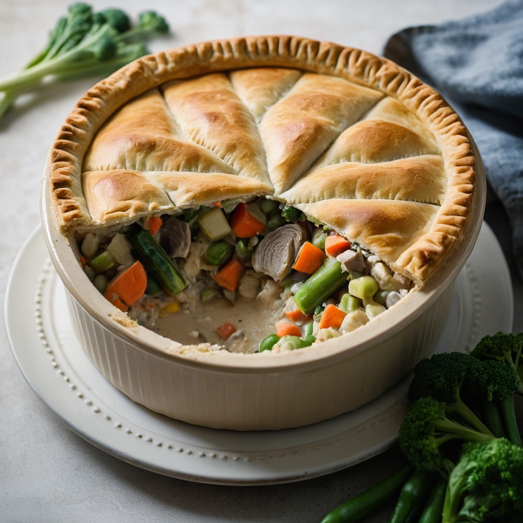 Golden pot pie with flaky crust filled with chicken and vibrant mixed vegetables.