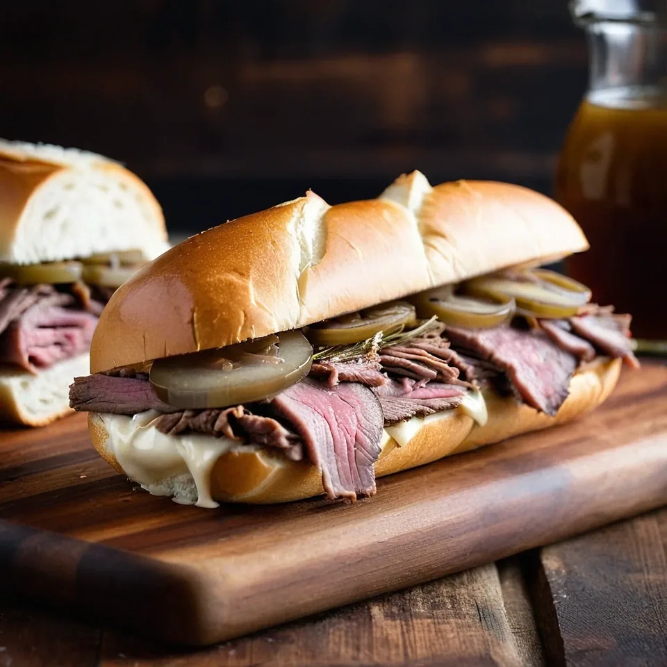 A plated serving of French Dip Sandwich