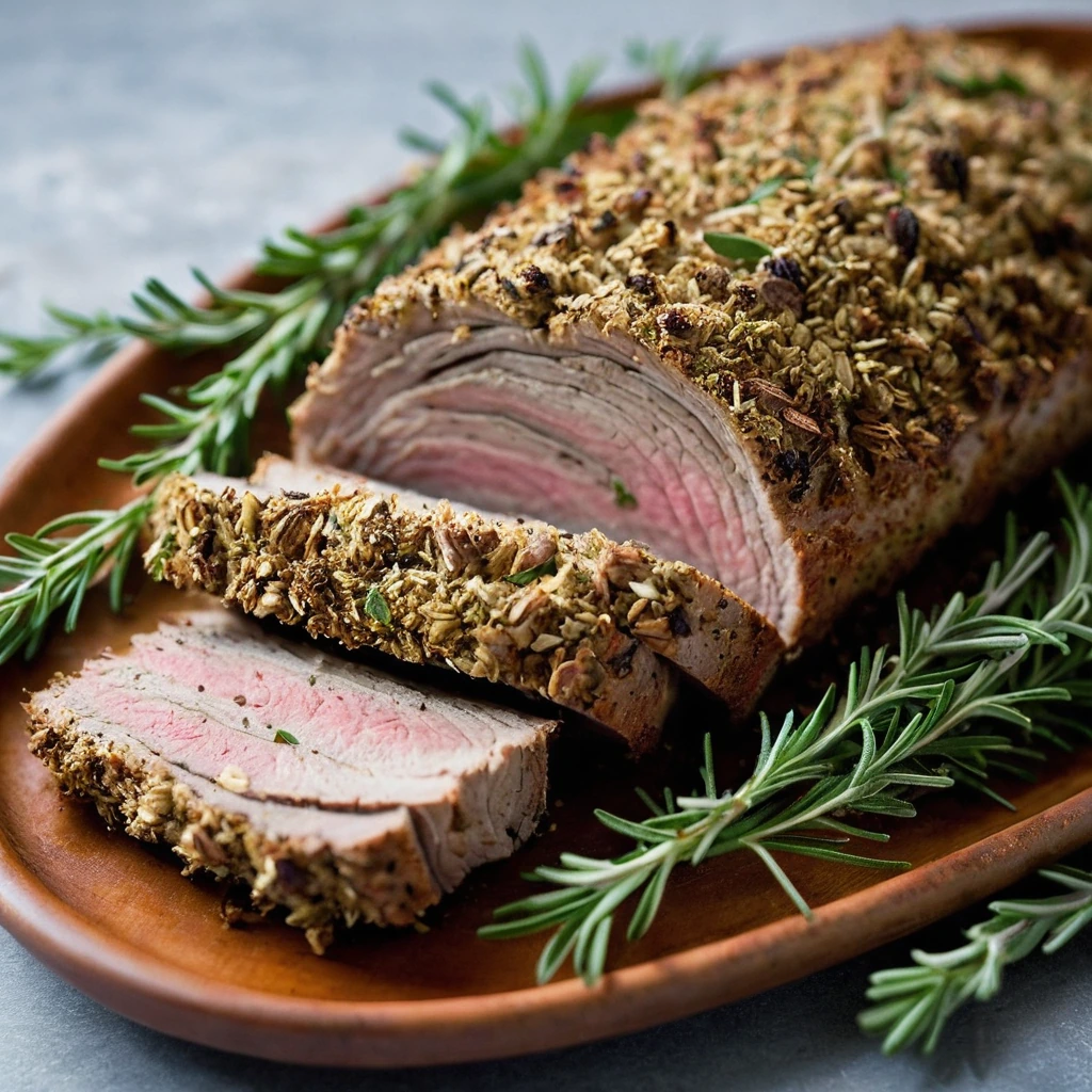 Golden brown pork loin roast with a fragrant herb crust served on a rustic platter with fresh rosemary sprigs.
