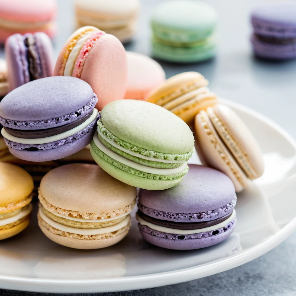 Pastel-colored macarons arranged on a white plate with piped centers