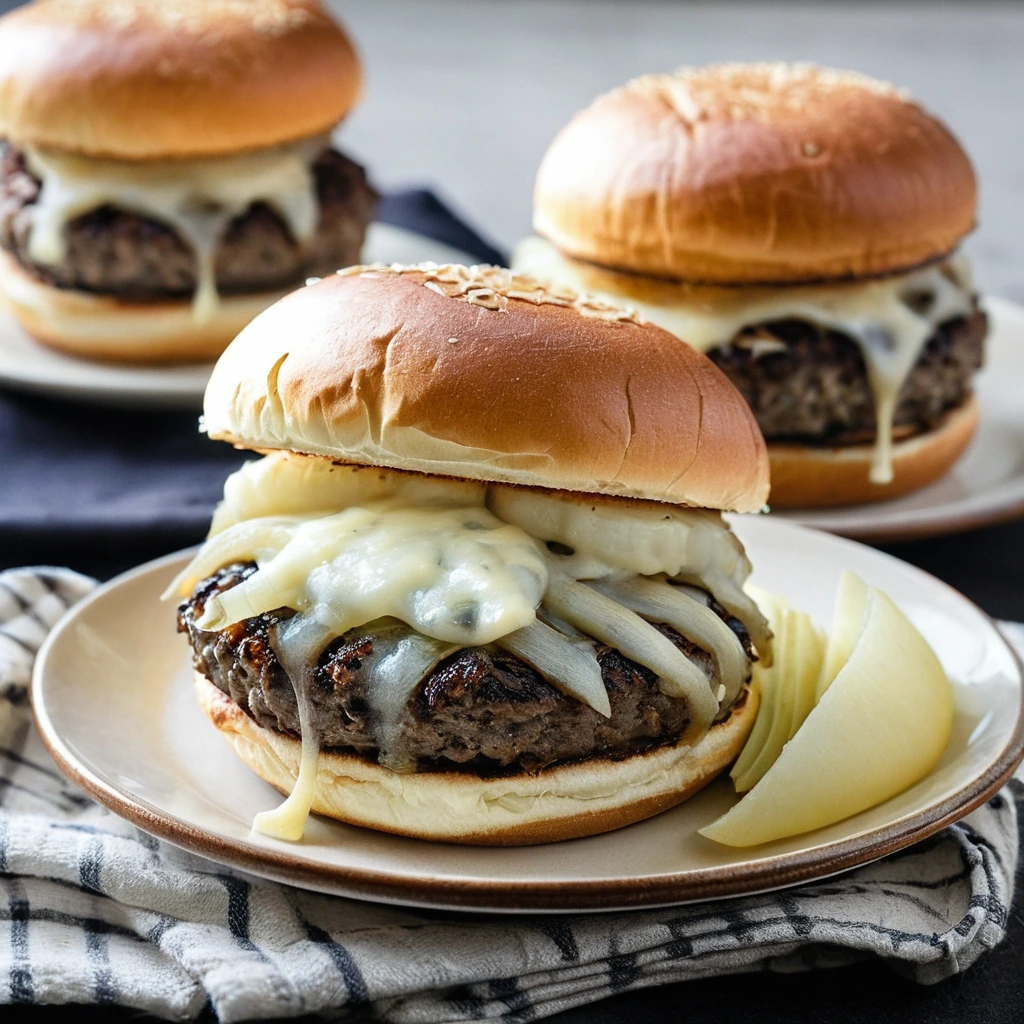 Two gourmet burgers on plates with golden buns, melted cheese, and grilled onions.