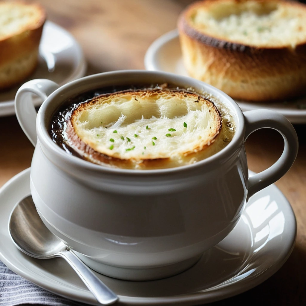 Bowl of French onion soup with toasted bread topped with melted Gruyère cheese, bubbling and golden brown.