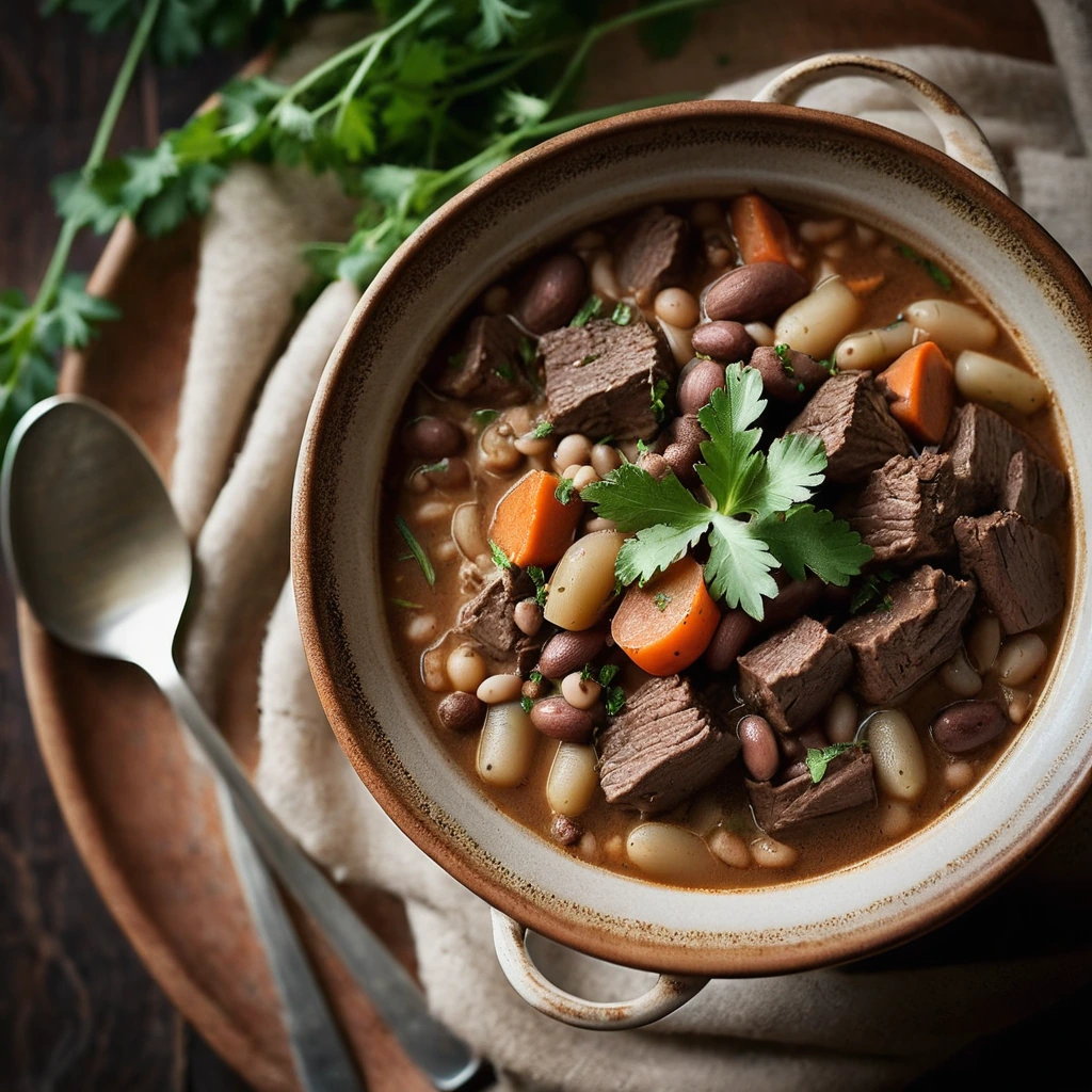 Hearty beef and white beans in a rustic earthen bowl, garnished with fresh herbs.