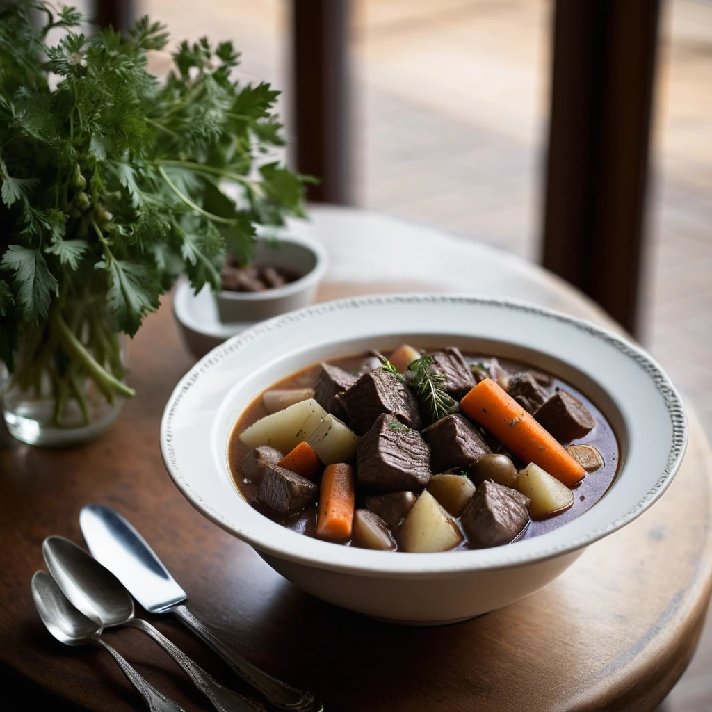 Steaming bowl of beef stew with chunks of beef and root vegetables in a deep brown sauce, garnished with fresh parsley.