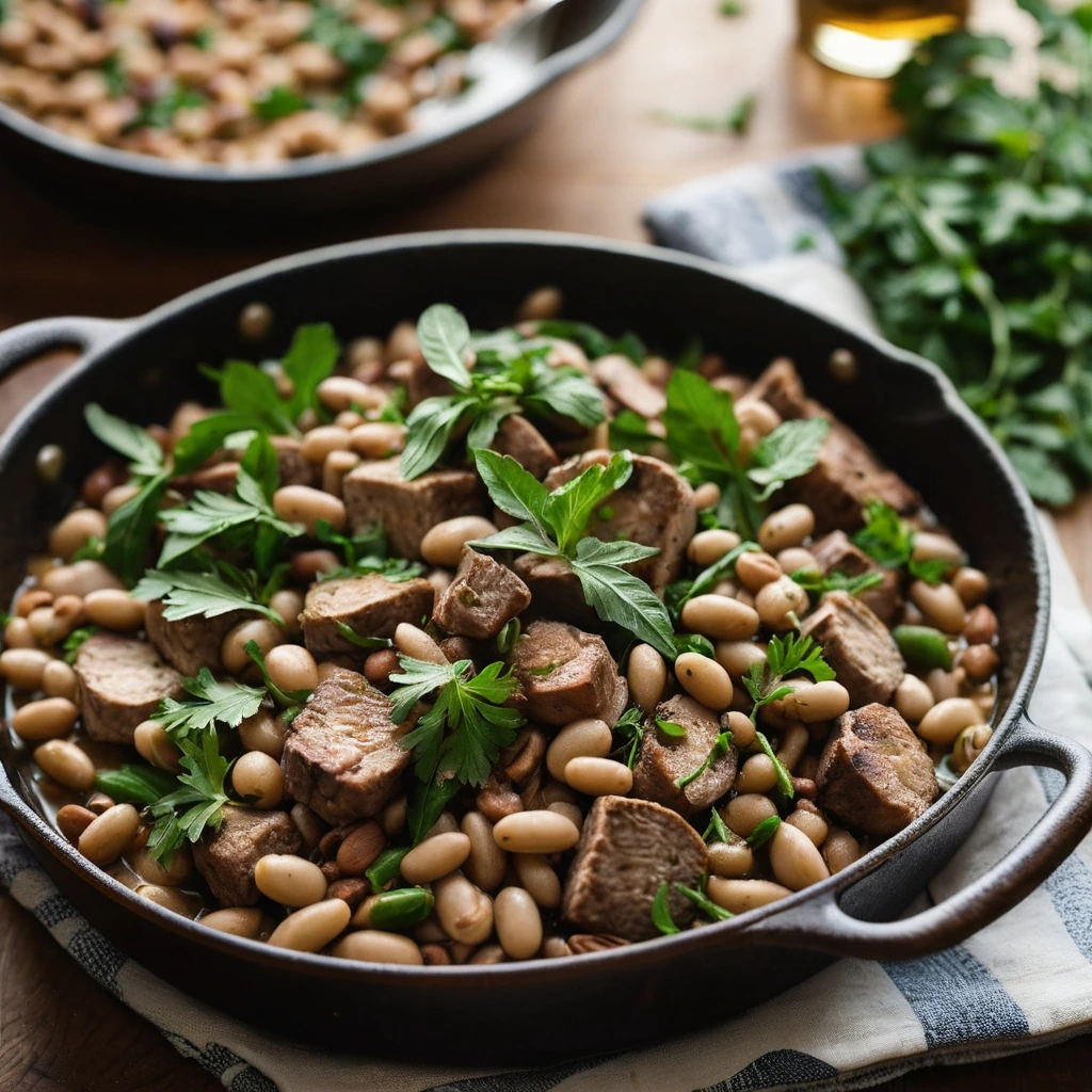 Rustic skillet with golden-brown pork chunks and white beans, garnished with fresh herbs on a warm plate.