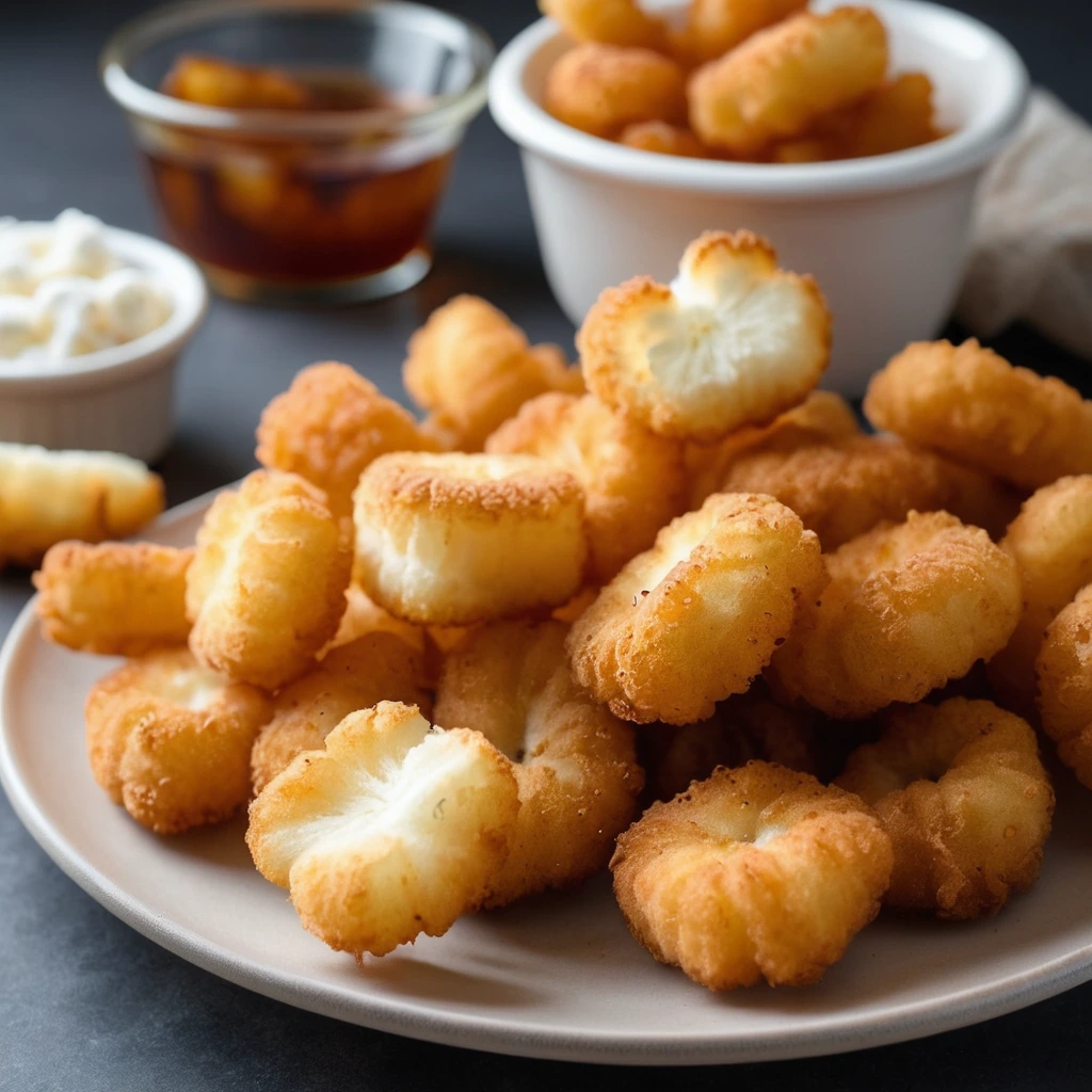 Plate of golden brown fried cheese curds with a side of ketchup.