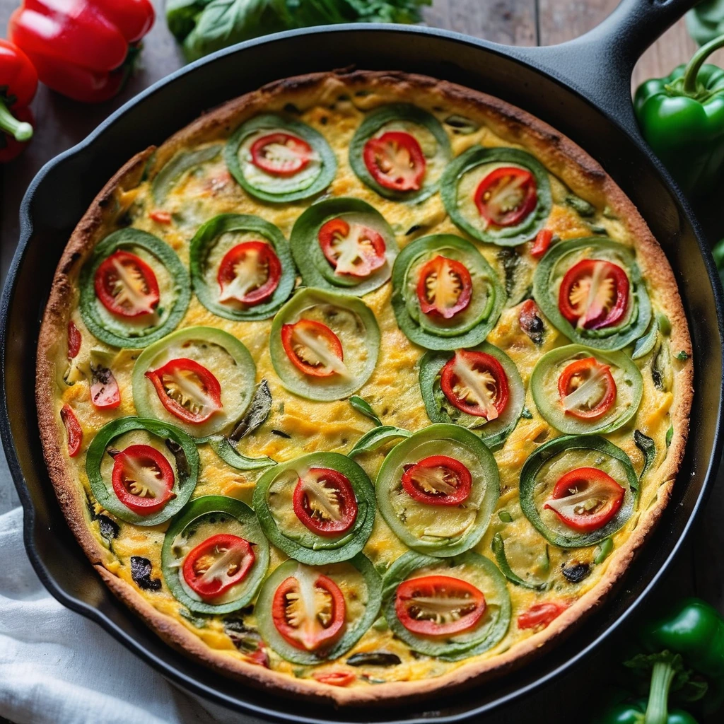 A round frittata in a skillet, golden brown edges, speckled with green and red bell peppers, onions, and melted cheddar.