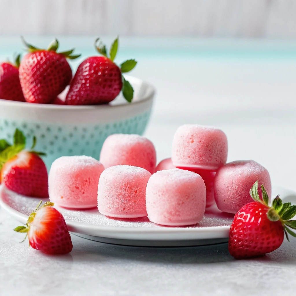 Bright red strawberry yogurt bites on a white plate with fresh mint leaves