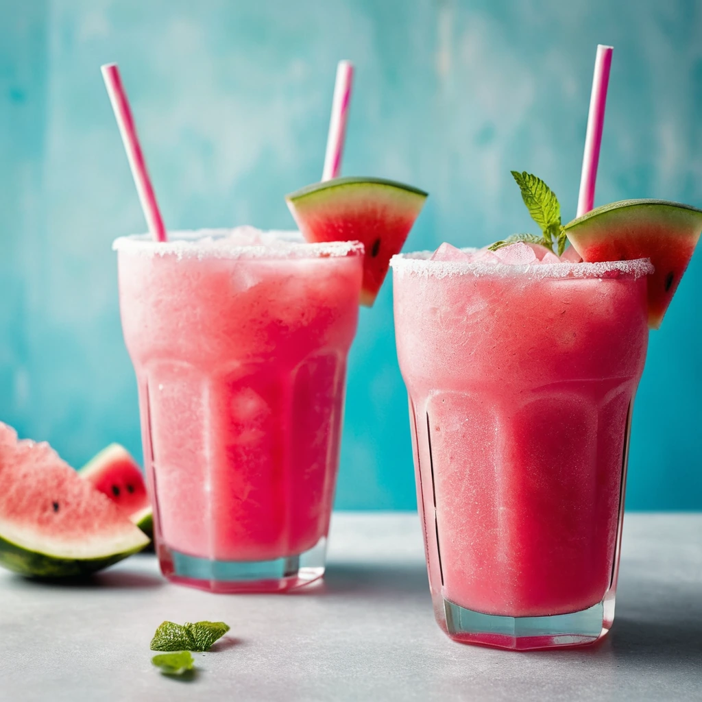 Two vibrant pink slushies in tall glasses with a sprinkle of mint leaves.