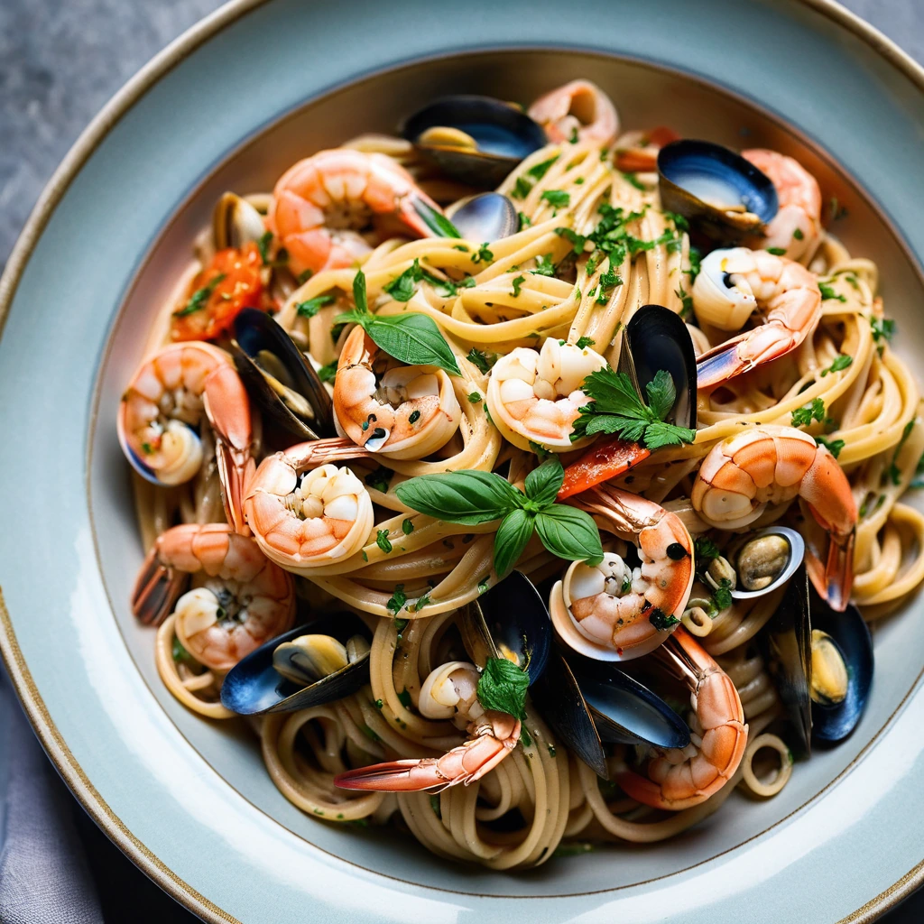 Colorful linguine pasta in a vibrant tomato sauce with shrimp, clams, and mussels served in a shallow bowl garnished with parsley.