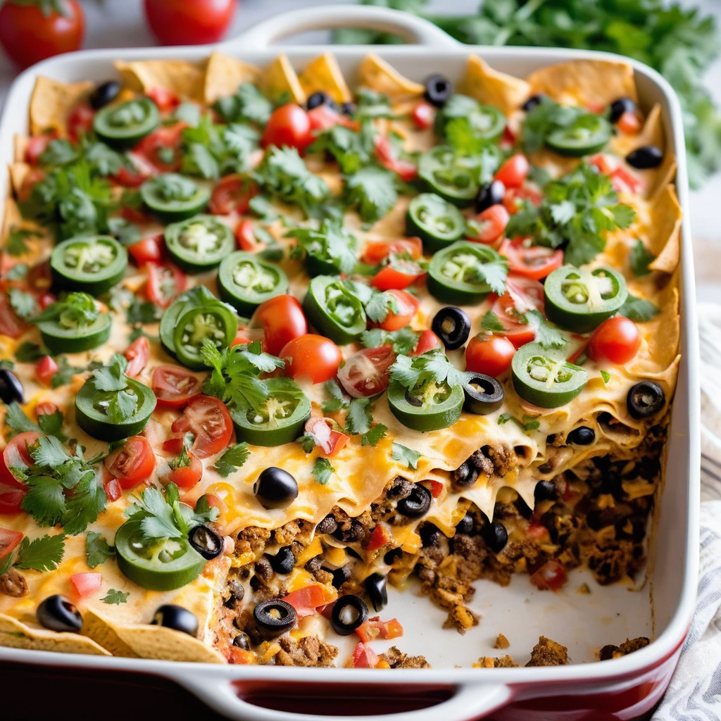 Baked casserole dish filled with layers of tortilla chips, melted cheese, beans, and topped with fresh cilantro and diced tomatoes.