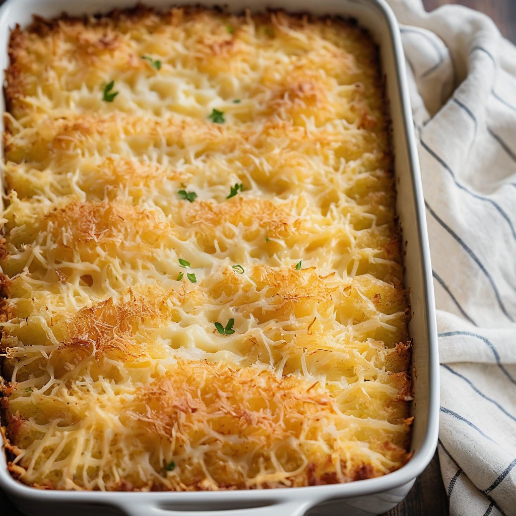 Golden casserole with crispy edges, melted cheddar cheese on top, and hashbrowns peeking through.
