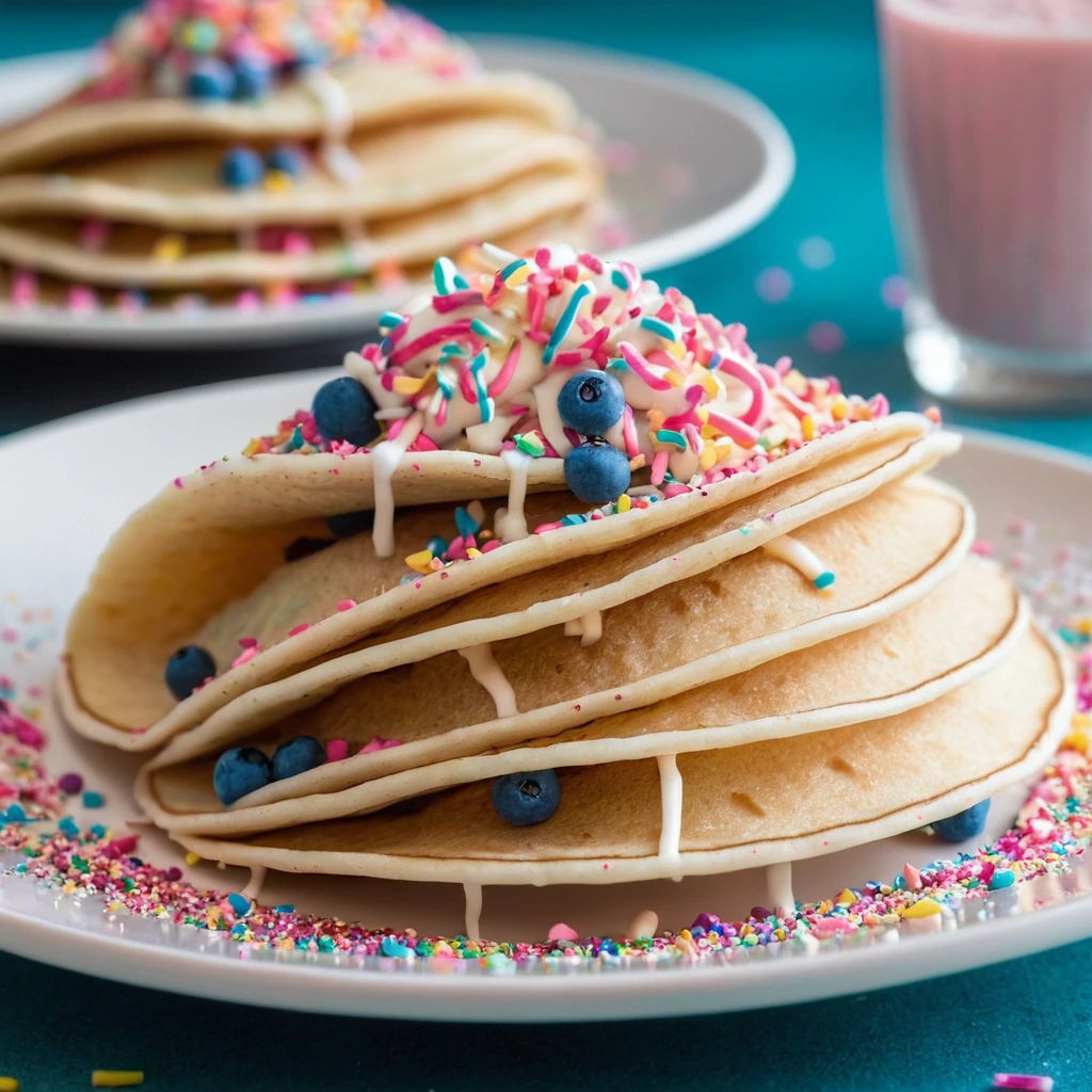 Colorful pancake tacos in a triangular shell topped with sprinkles and a drizzle of maple syrup on a plate.
