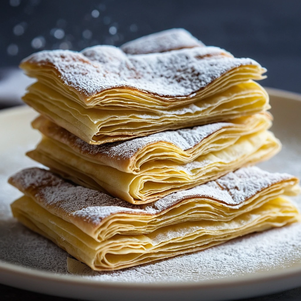 Golden phyllo pastry layers with creamy filling, dusted with cinnamon and powdered sugar.