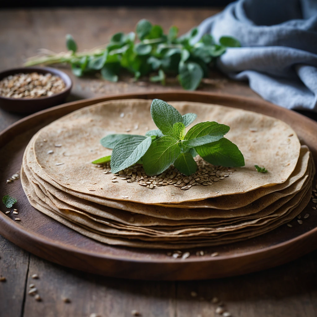 Golden brown buckwheat crepe folded with a sprinkle of fresh herbs on a rustic wooden board.