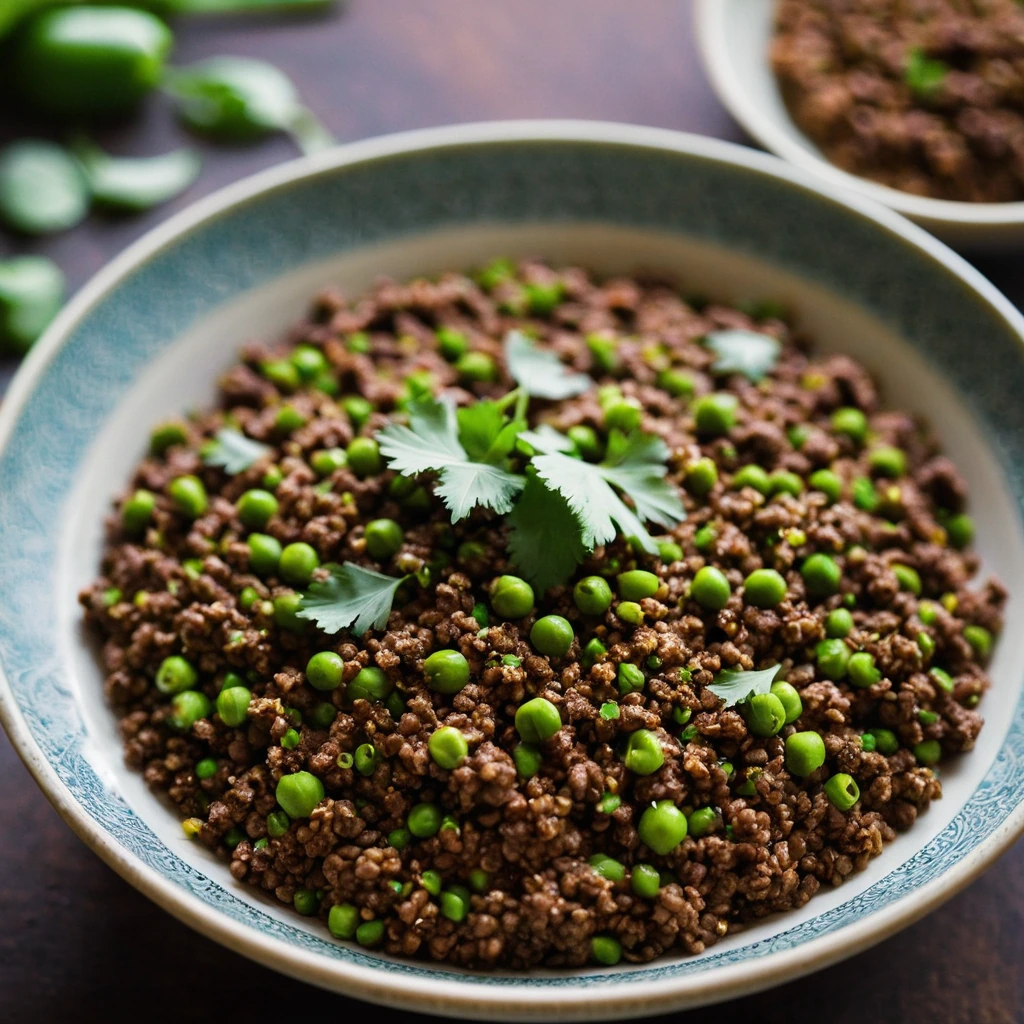 A steaming bowl of brown keema with green peas and golden onion specks.