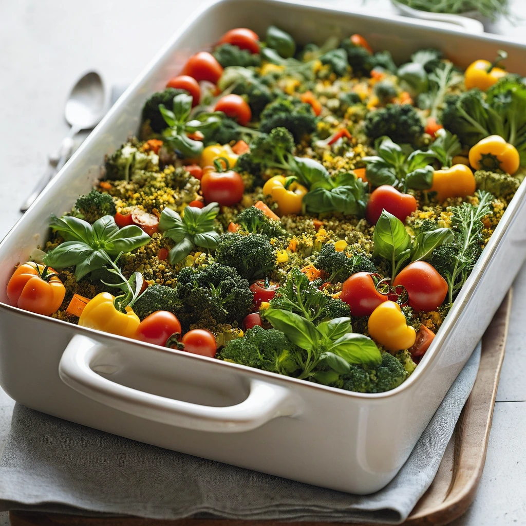 Baked casserole in a rectangular dish with a golden herb crust and colorful vegetables peeking through.