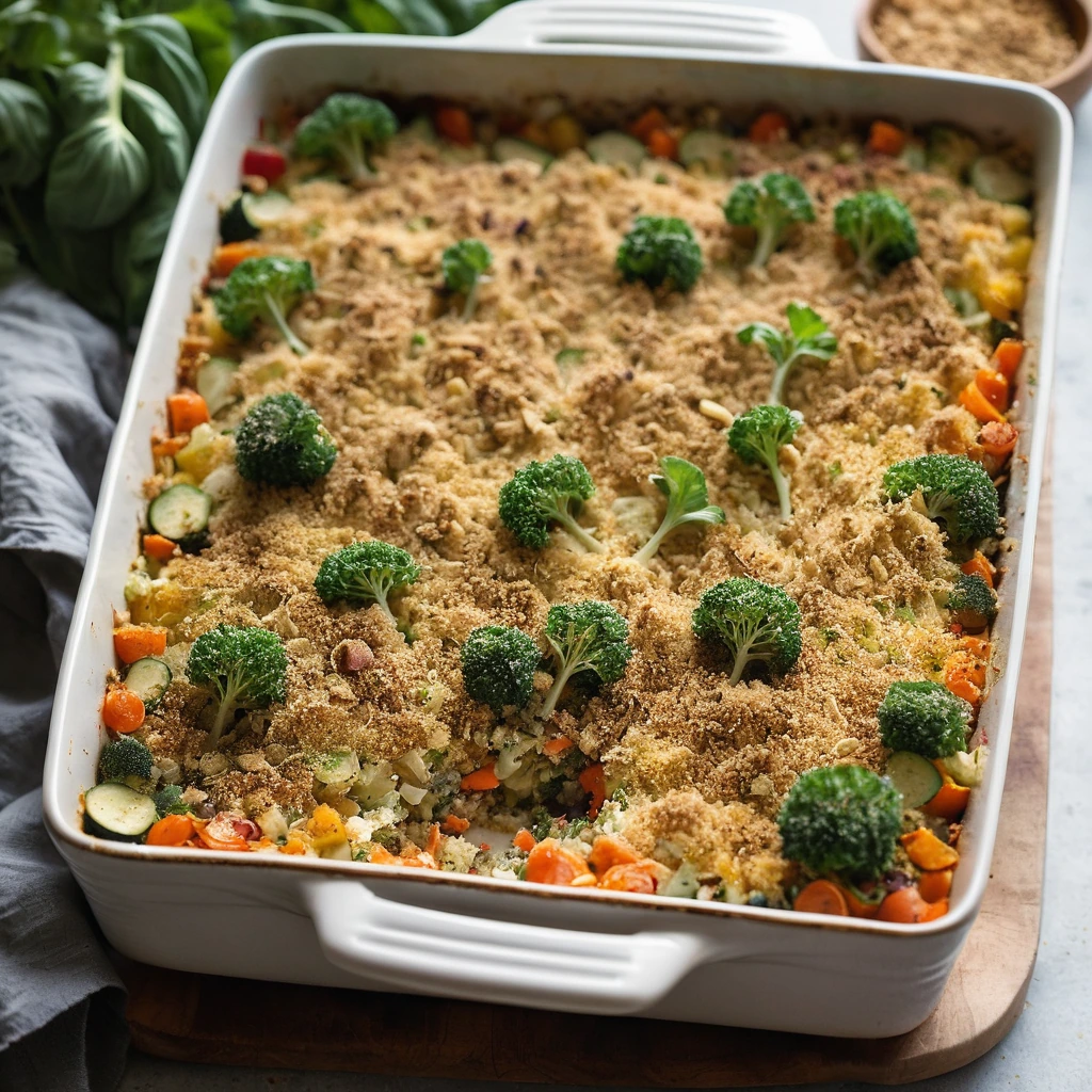 Baked gratin in a casserole dish with golden breadcrumbs on top and colorful vegetables showing through.