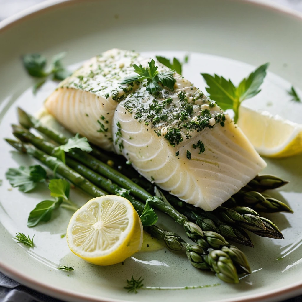 Golden halibut fillets on a platter, drizzled with green herb-infused butter, garnished with lemon wedges and parsley.