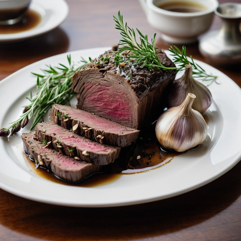 Golden brown roast beef sliced on a platter with a shiny dark brown jus in a small bowl on the side, garnished with fresh herbs.
