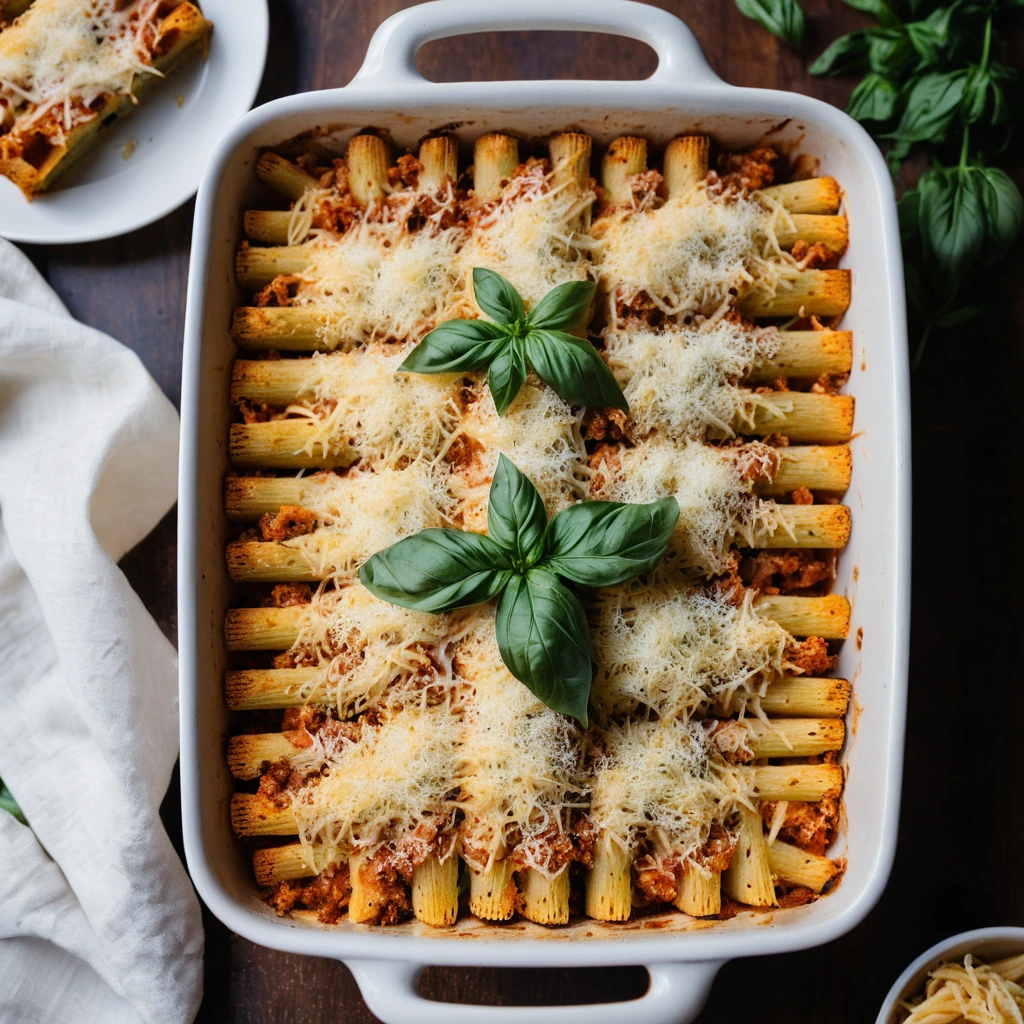 Baked ziti in a casserole dish with melted cheese and a golden-brown garlic bread crust