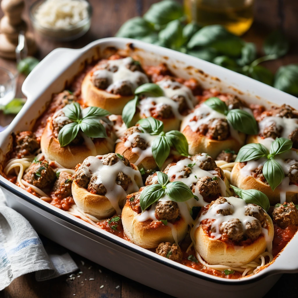 Golden-brown casserole dish filled with meatballs, marinara sauce, and melted cheese, garnished with fresh basil.