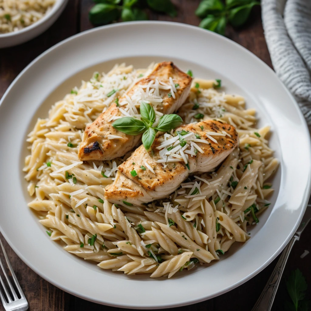 Golden orzo with chunks of chicken in a creamy garlic sauce, sprinkled with Parmesan in a white plate.