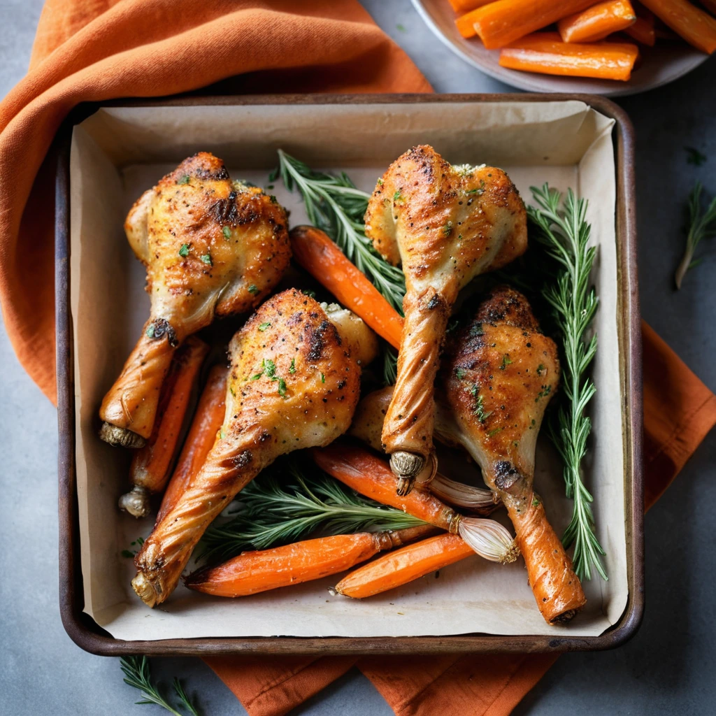 Golden roasted chicken drumsticks and crispy orange carrots on a baking sheet.