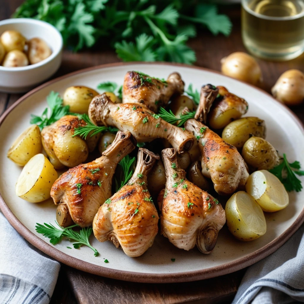 golden roasted chicken legs and baby potatoes on a rustic platter with fresh parsley